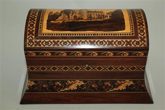 A Victorian rosewood and Tunbridge ware dome top stationery box, 10in.